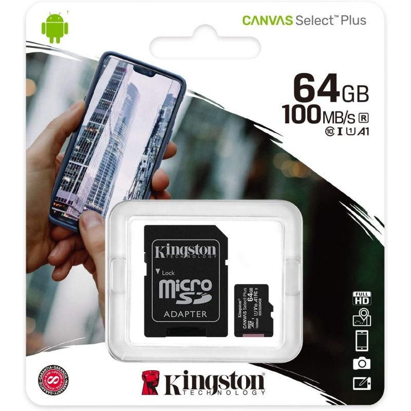 TARJETA MICRO SD XC 64GB + ADAPTADOR KINGSTON CANVAS SELECT PLUS - CLASE 10 - 100MB/S
